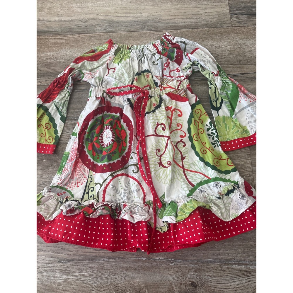 Le Za Me Girls 3T Red Green Botanical Polka Dot Smocked Bell Sleeve Cotton Dress